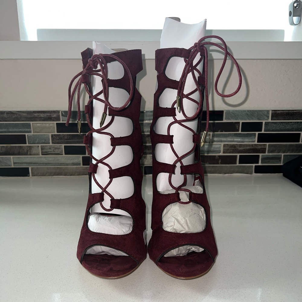 Burgundy lace up heels for a night on the town